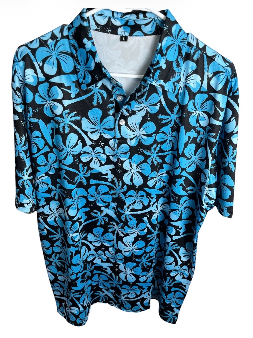 Men’s L Hawaiian Tropical Hibiscus Palm Tree Surf Polo Shirt Blue Black 23” Pit